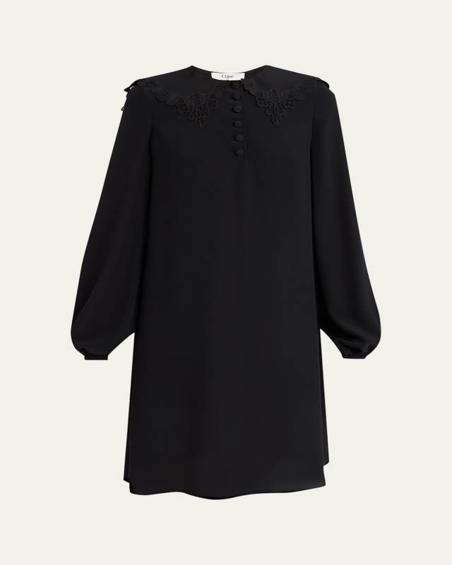 Floral Embroidered Silk Knee-Length Dress